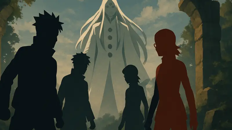 Арт с персонажами Боруто Узумаки, Каваки, Сарады Учиха и Мицуки, готовыми к битве с Ооцуцуки.