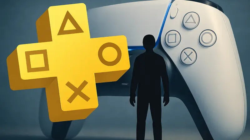 Логотип PlayStation Plus на фоне контроллера DualSense