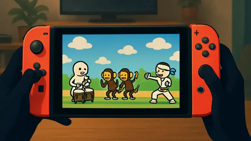 Скриншот игрового процесса Rhythm Heaven Groove с персонажами на Nintendo Switch