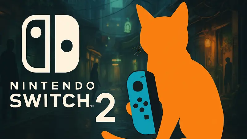 Кот из игры Stray с контроллером Joy-Con на фоне логотипа Nintendo Switch 2 и улучшенной графики.
