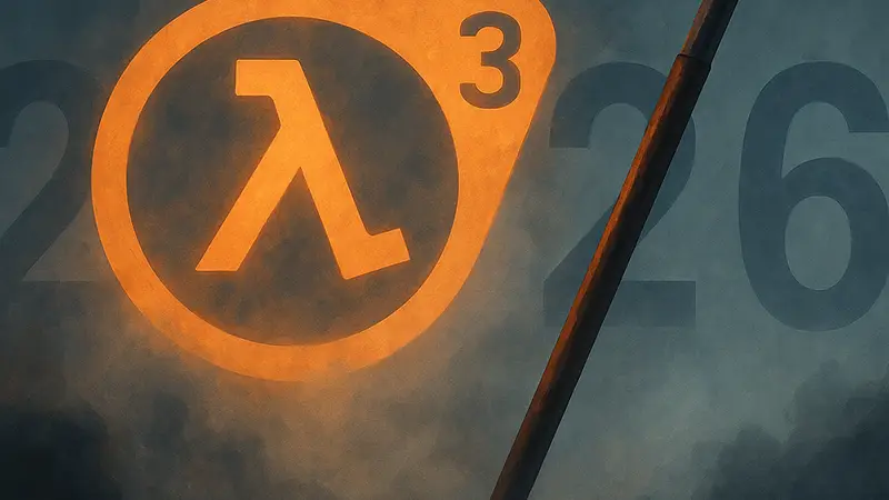 Логотип Half-Life 3 с цифрой 3, появляющийся из тумана, или культовый лом Гордона Фримена, на фоне даты "2026".
