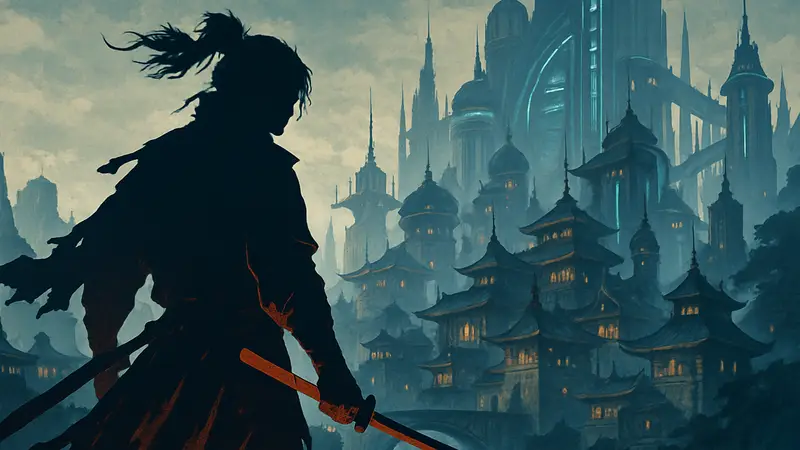 Главный герой Phantom Blade Zero с мечом, на фоне футуристического города в стиле фэнтези