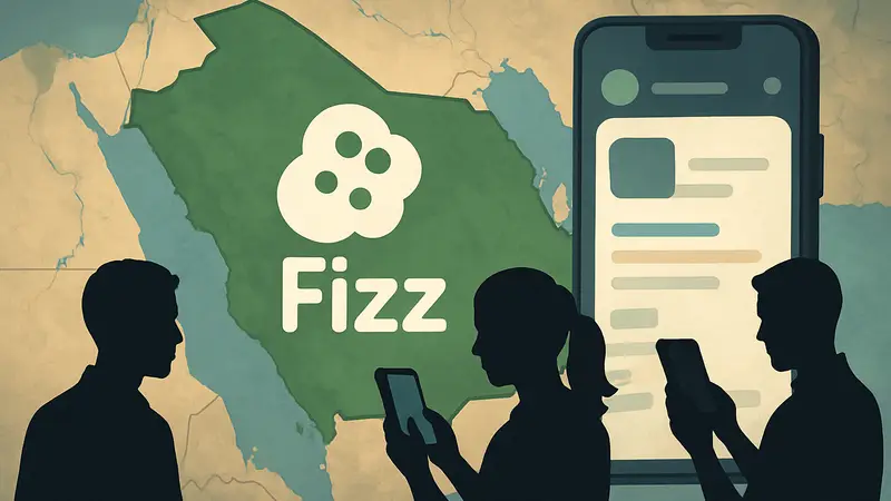 Логотип приложения Fizz на фоне карты Саудовской Аравии или смартфона с интерфейсом соцсети.