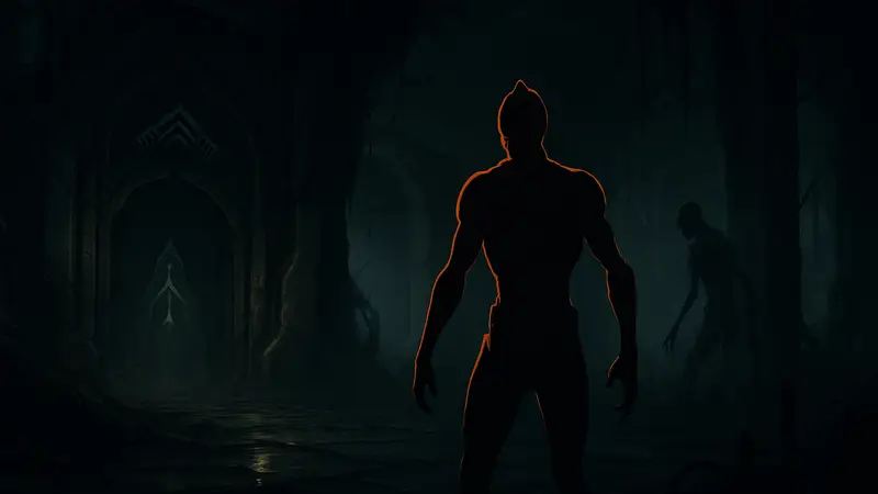 Тёмный скриншот из Warframe с хоррор-элементами, показывающий новую локацию обновления Shadowgrapher