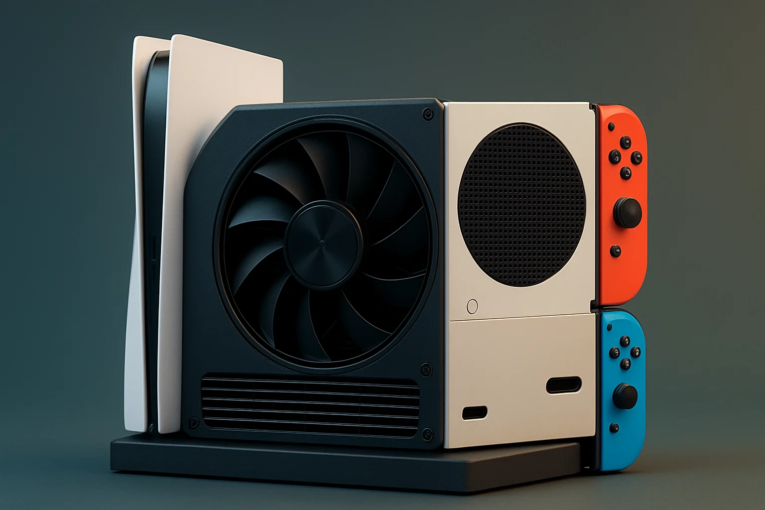 Изображение "Мегазорда" из консолей: PS5, Xbox Series S и Nintendo Switch 2, объединённых в один корпус.