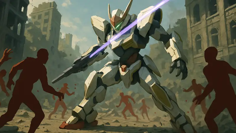 Кадр из мобильной игры Code Geass Knightmare Survivor с мехом Knightmare Frame и врагами.