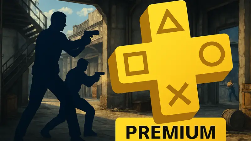 Логотип PS Plus Premium на фоне скриншота из игры Time Crisis, анонсированной для подписчиков