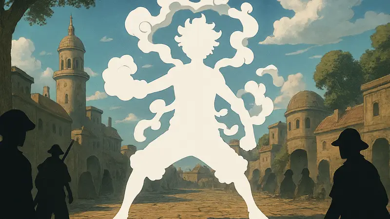 Изображение Луффи в режиме Гир 5 из аниме One Piece, демонстрирующее его новую трансформацию.