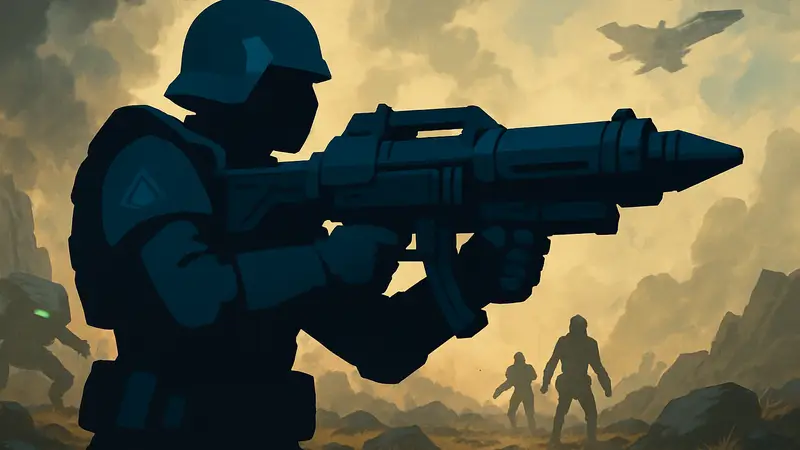 Игровой персонаж Helldivers 2 держит ракетницу EAT-411 Leveller, готовясь к бою