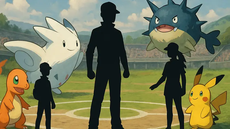 Тренеры покемонов и несколько известных покемонов из разных поколений на фоне поля битвы.