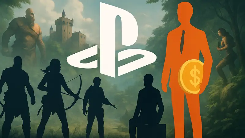 Логотип PlayStation на фоне различных игровых персонажей, инвестиции в игры