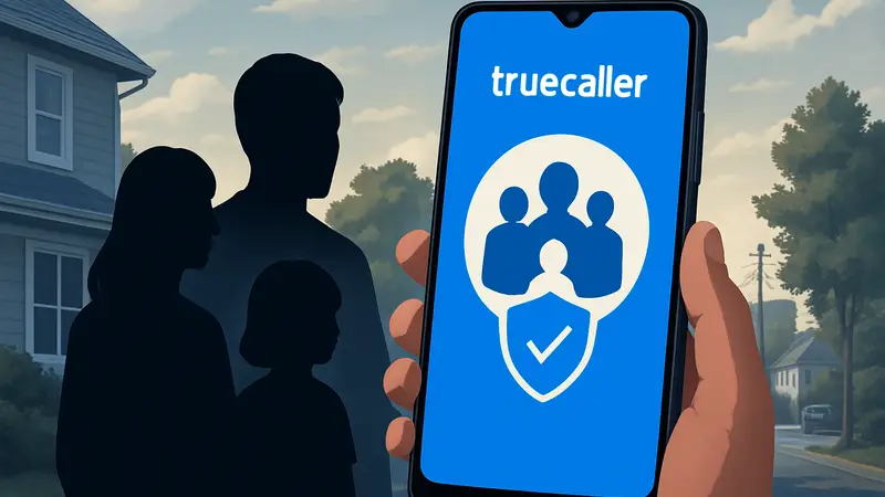 Интерфейс приложения Truecaller на смартфоне с иконкой семьи и защитой от мошенников