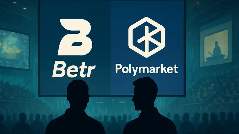 Логотипы Betr и Polymarket, символизирующие партнёрство в мире прогнозов и киберспорта.
