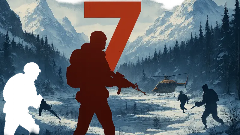 Логотип Far Cry 7 на фоне зимнего пейзажа Аляски с элементами экстракшен-геймплея