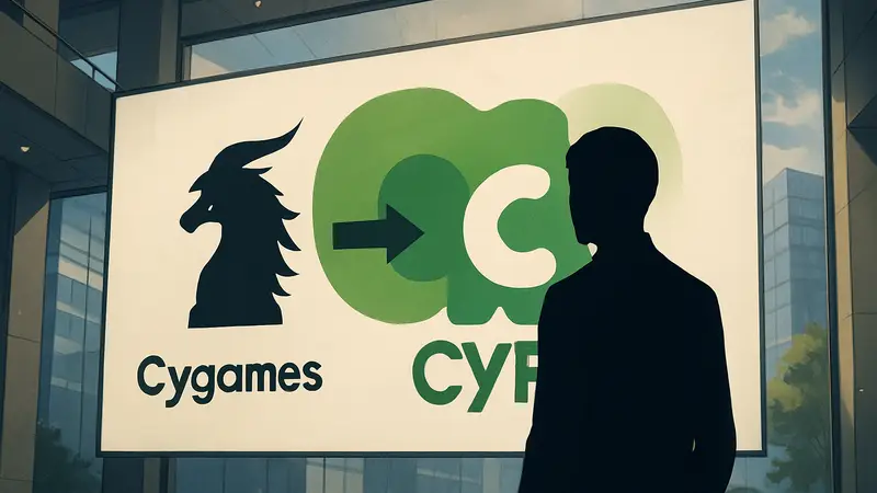 Логотип CygamesPictures, превращающийся в CyPic, на фоне эмблемы CyberAgent, симво лизирующий смену владельца аниме-студии.