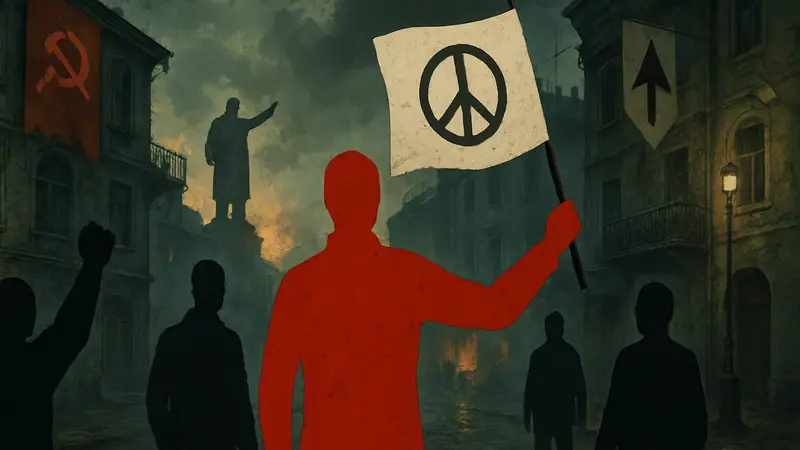 Иллюстрация к игре Zero Parades от сценаристов Disco Elysium, с мрачной атмосферой и политическими символами