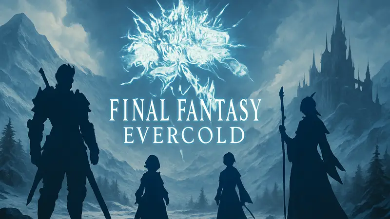 Логотип Final Fantasy 14 Evercold с персонажами и символикой игры.