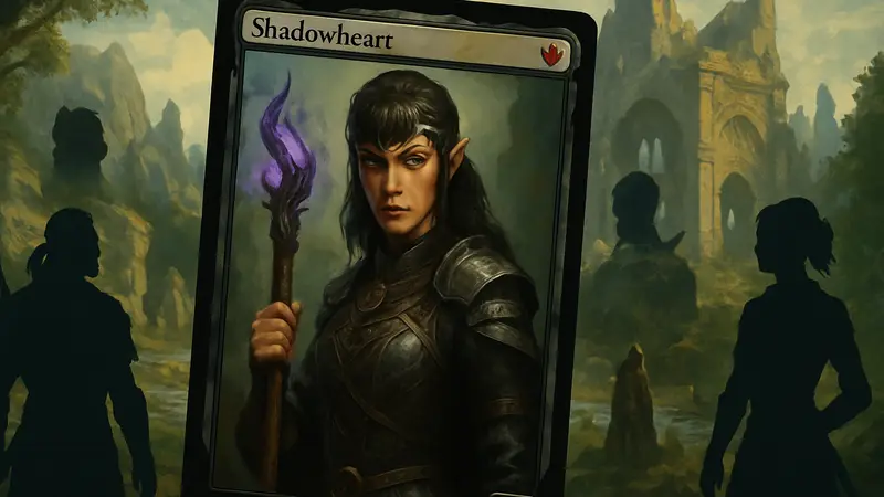 Карта Шэдоухарт из Magic: The Gathering на фоне персонажей Baldur's Gate 3. (90 символов)
