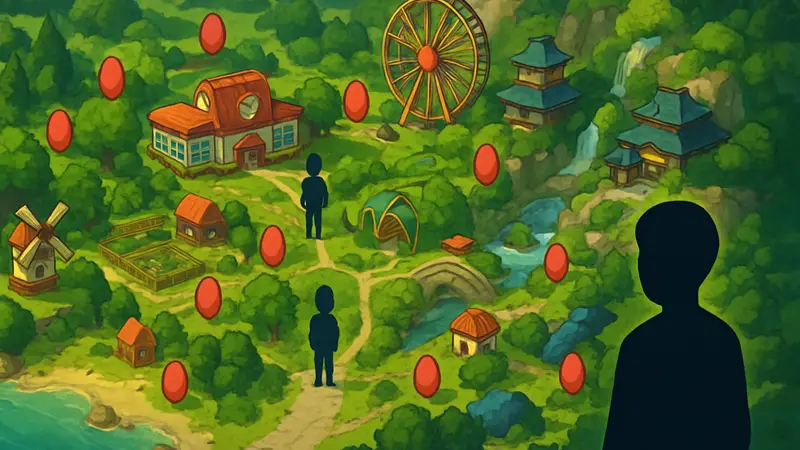 Карта Heartopia с маркерами локаций яиц для квеста Onsen Egg Promise