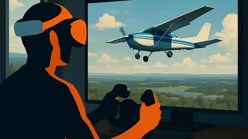 Человек в шлеме PSVR2 играет в Microsoft Flight Simulator 2024.