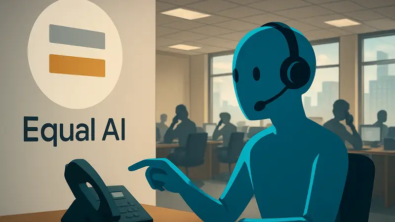 Логотип Equal AI и иллюстрация ИИ-помощника, обрабатывающего звонки.