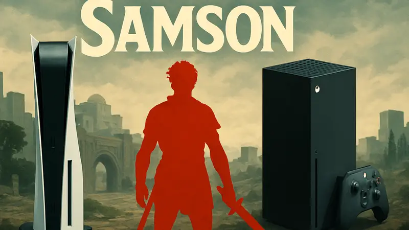 Логотип игры Samson на фоне консолей PS5 и Xbox Series X/S