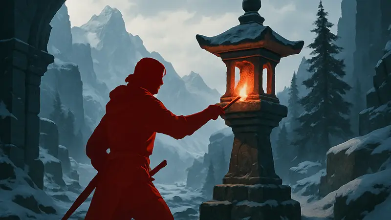 Персонаж из Crimson Desert зажигает каменный фонарь, выполняя квест Страж Мороза.