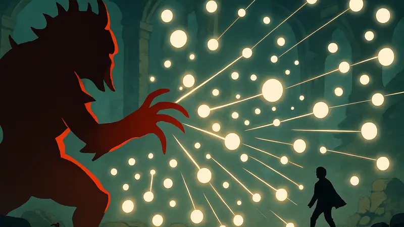 Скриншот игры DeeSicks с физическим bullet hell, где игрок управляет боссом и снарядами.