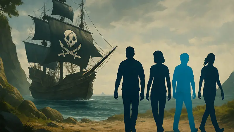 Логотип Sea of Thieves на фоне изображения корабля и уходящих контент-мейкеров.