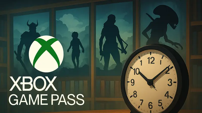 Логотип Xbox Game Pass с изображением уходящих игр на заднем плане, часы отсчитывают время до 15 июля.