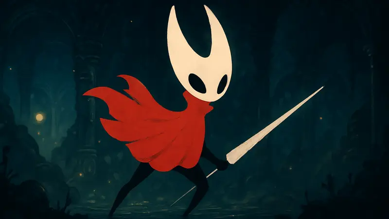 Логотип Hollow Knight: Silksong на темном фоне с изображением главного героя Хорнет.