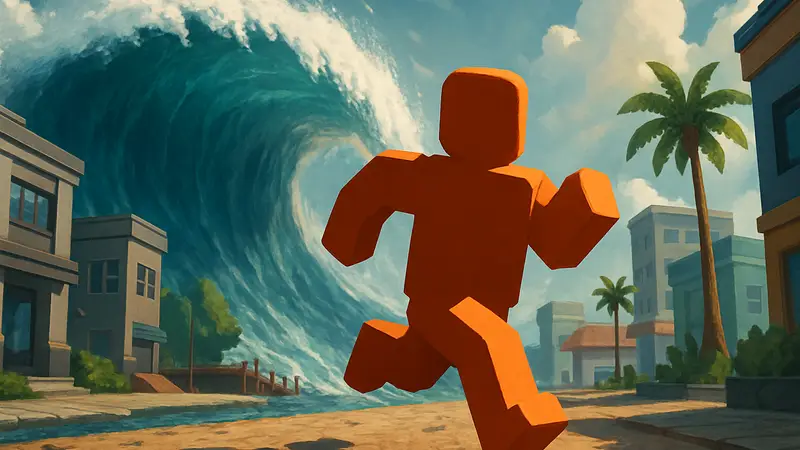 Игрок Roblox бежит от цунами в игре Escape Tsunami for Brainrots