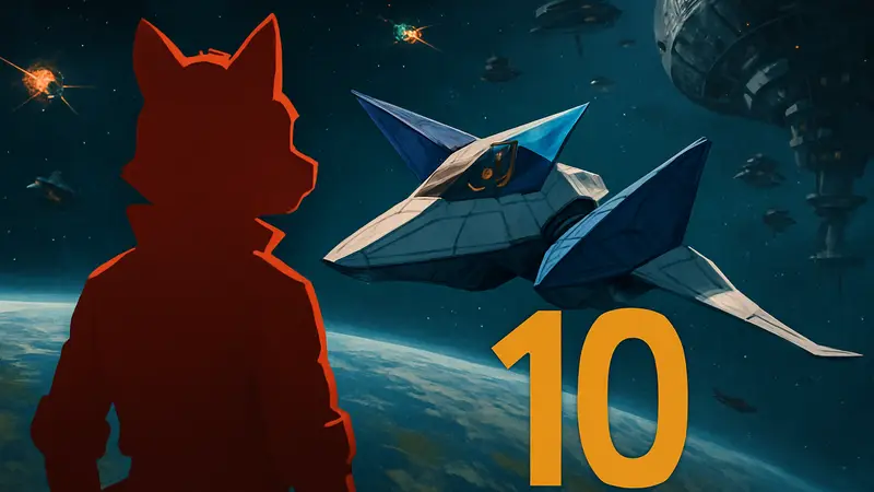 Арт или скриншот Star Fox Zero с главным героем Фоксом Макклаудом в Arwing, отмечающий 10-летний юбилей игры.