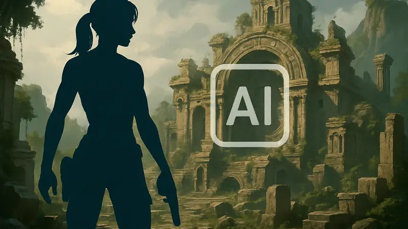 Лара Крофт из Tomb Raider на фоне древних руин, с полупрозрачным текстом об использовании ИИ-контента.