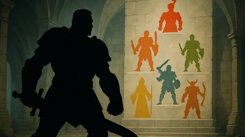 Изображение могучего бойца из Dungeons and Dragons, возможно, со списком или иерархией различных символов подклассов на заднем плане.