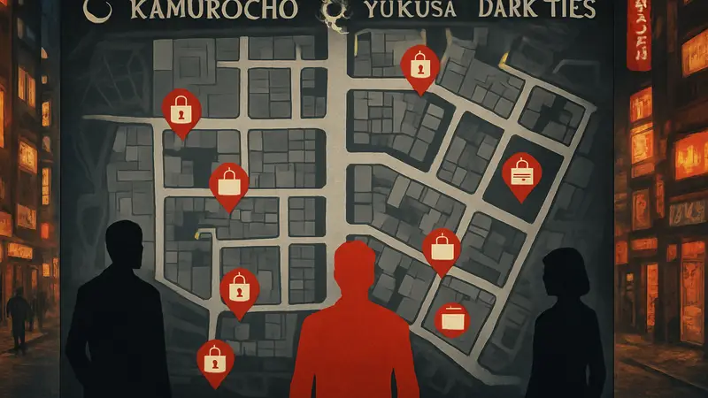 Интерактивная карта района Камурочо из игры Yakuza Dark Ties с отметками для сбора предметов.