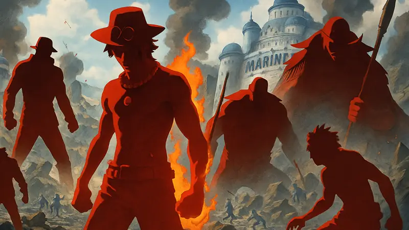 Кадры из арки Marineford One Piece с Эйсом, Белоусом и другими ключевыми персонажами в битве.