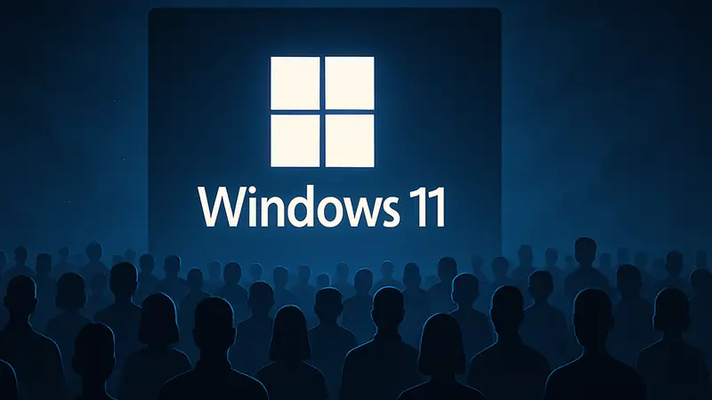 Логотип Windows 11 на тёмном фоне, символизирующий миллиард пользователей Microsoft.