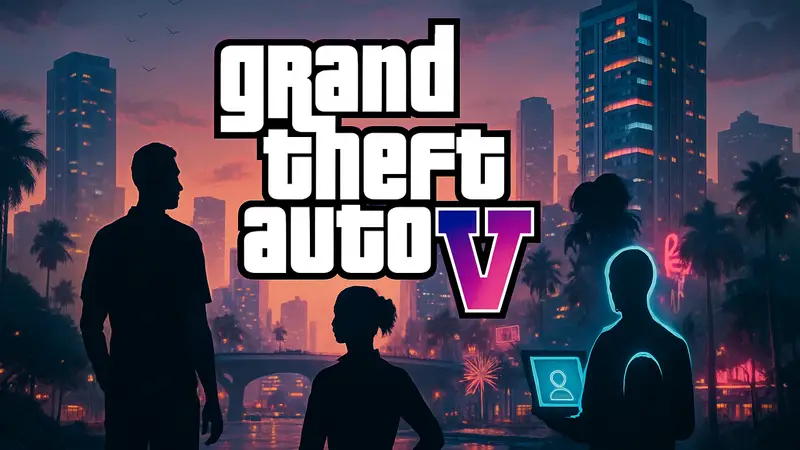 Логотип Grand Theft Auto 6 на фоне изображения генеративного ИИ или концепт-арта игры.