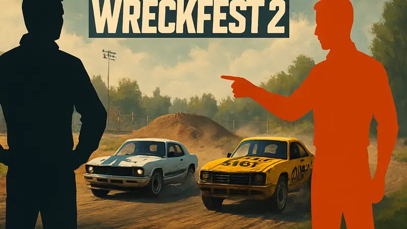 Логотип Wreckfest 2 и гоночные автомобили в режиме карьеры с моральным выбором