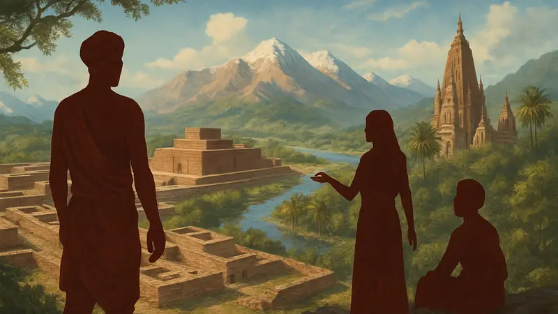 Обложка DLC Empires of the Indus для игры Old World, показывающая древние индийские мотивы и ландшафты.