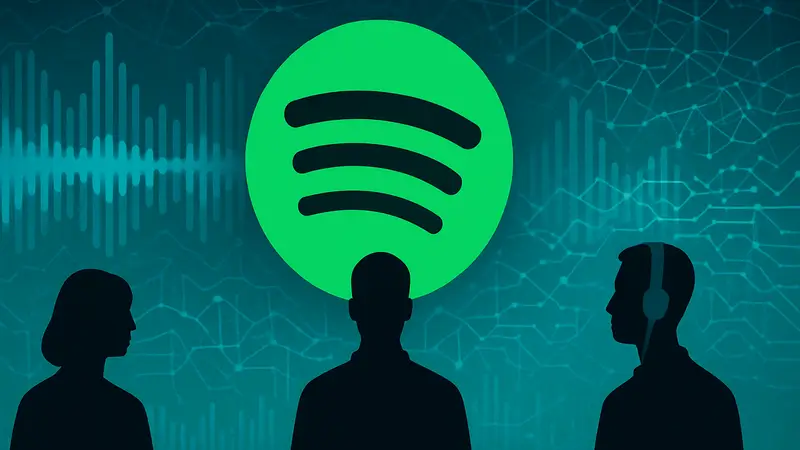 Изображение логотипа Spotify на фоне музыкальных волн или ИИ-элементов.