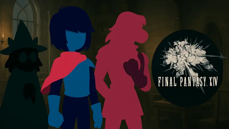 Изображение персонажей Deltarune Chapter 5 и логотипа Final Fantasy 14, символизирующие отсылку