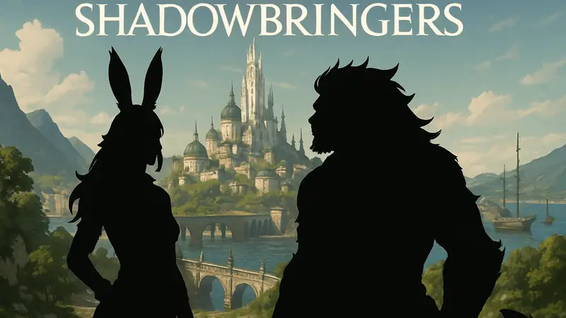 Изображение Final Fantasy XIV с логотипом Shadowbringers и персонажами рас Вьера и Хротгар.