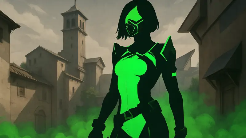 Косплей Viper из Valorant от модели Accola, девушка в костюме агента с токсичным газом