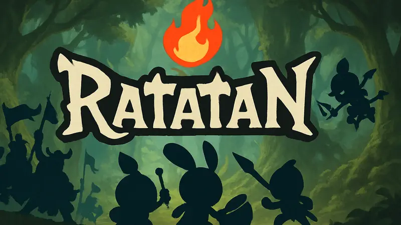 Логотип игры Ratatan с элементами ритм-рогалика на фоне игрового процесса