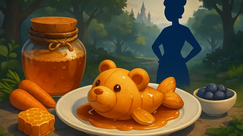 Изображение блюда «Плюшевая рыба в меду» из Disney Dreamlight Valley с ингредиентами для приготовления.