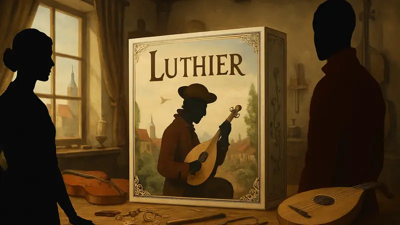 Изображение коробки настольной игры «Лютье» с элементами XVIII века.