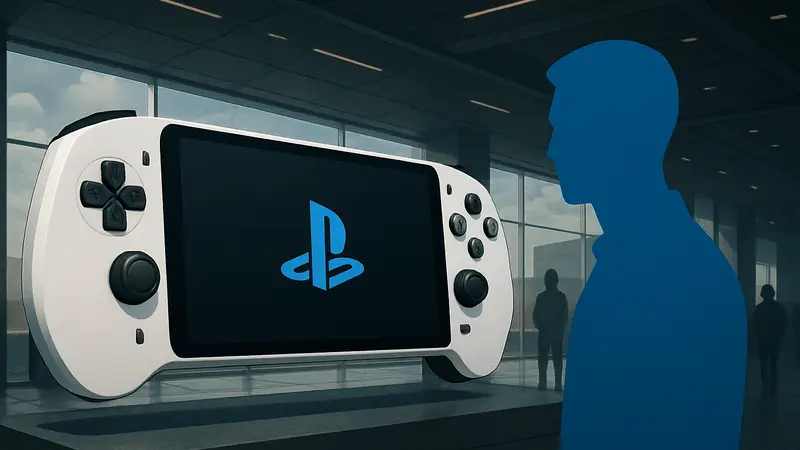 Концепт-арт или изображение новой портативной консоли PlayStation с футуристичным дизайном.
