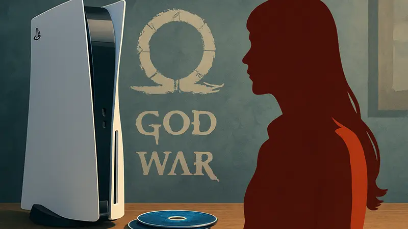 Игровая консоль PlayStation 5 и диски с играми, Алана Пирс, логотип God of War.
